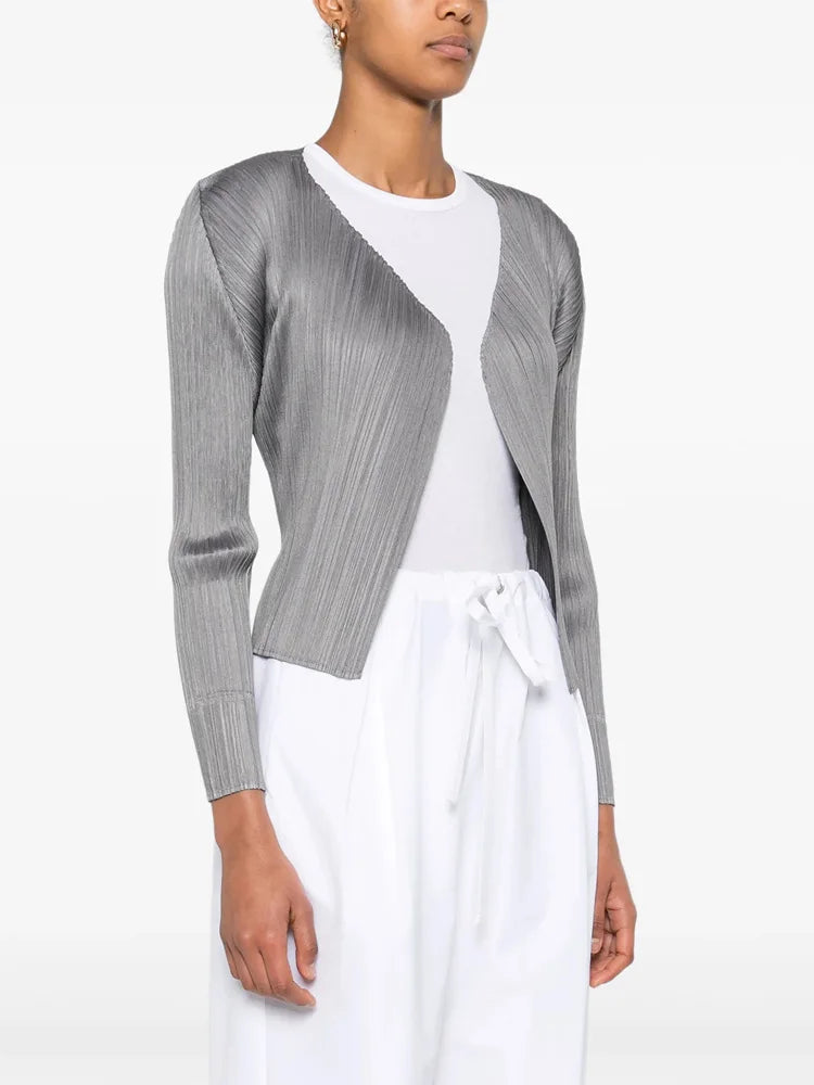 ISSEY Jacket Japan  Women's Basic Slim-Fit Solid Color Pleated Short Cardigan Lightweight Outerwear