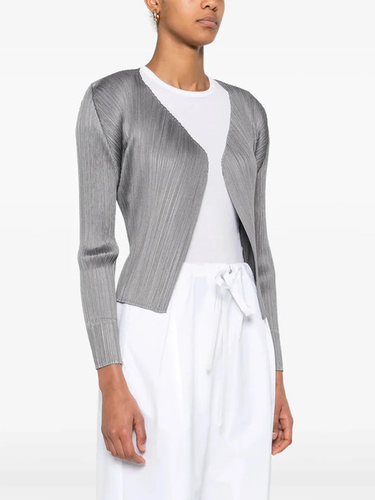 ISSEY Jacket Japan  Women's Basic Slim-Fit Solid Color Pleated Short Cardigan Lightweight Outerwear