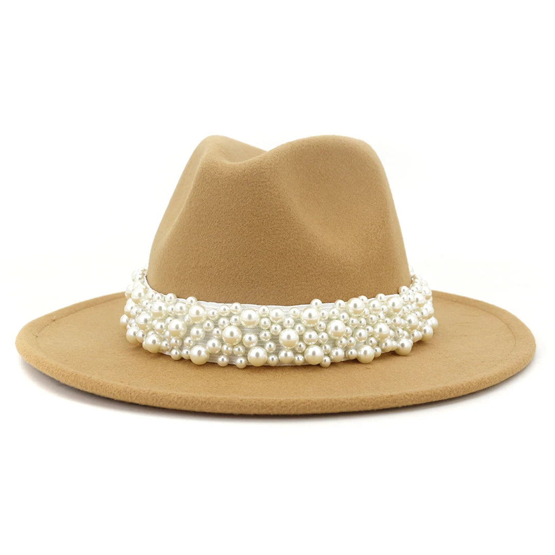 Fedora Hats for Women Wool Felt Panama Hat with Pearl Band Wide Brim Felt Hat Classic Trilby Jazz Hat Church Hats Women Elegant