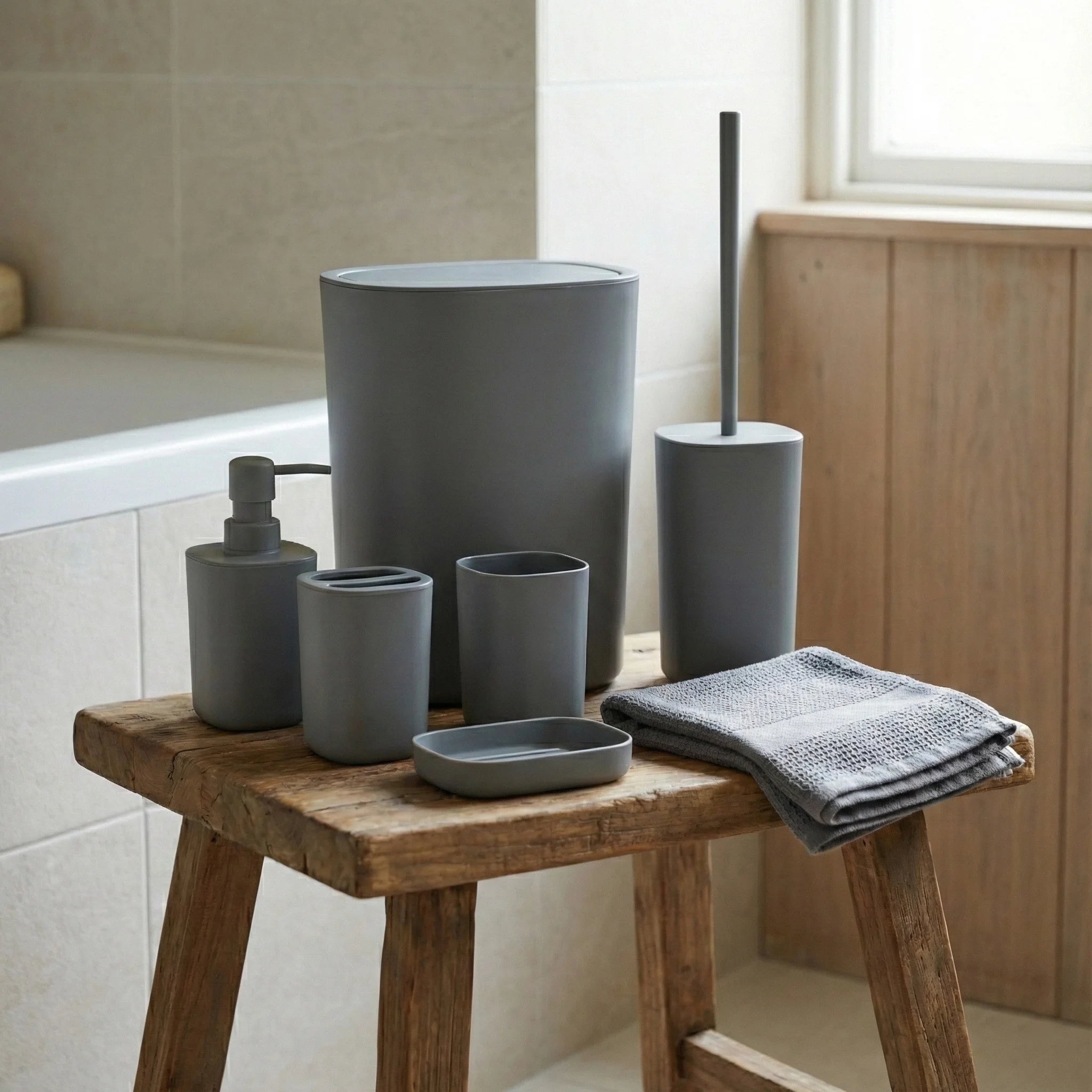 6pcs Bathroom Accessories Set, Bathroom Vanity Sets with Toilet Brush, Trash Can, Tumbler, Soap Dish, Toothbrush Holder