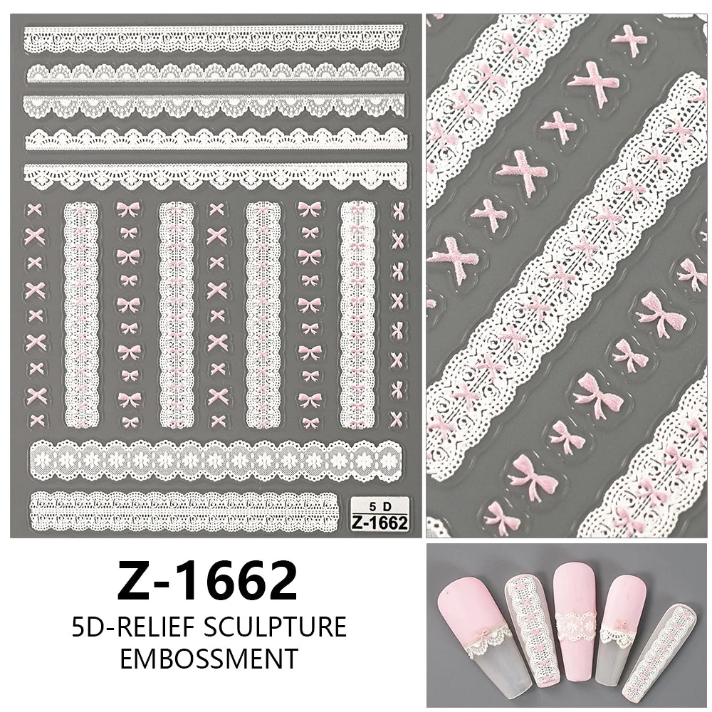 Sweet Pink Bowknot Black Lace Heart Nail Stickers 3D Self Adhesive Nail Art Stickers Manicure Decorations Decals