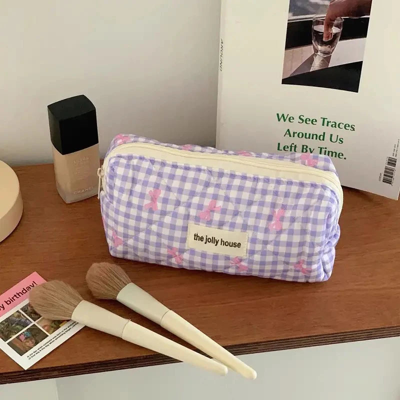 3 Type Quilting Cosmetic Bag Ladies Large Capacity Travel Organizer Washbag Cute Bow Knot Pattern Make Up Zipper Storage Bag