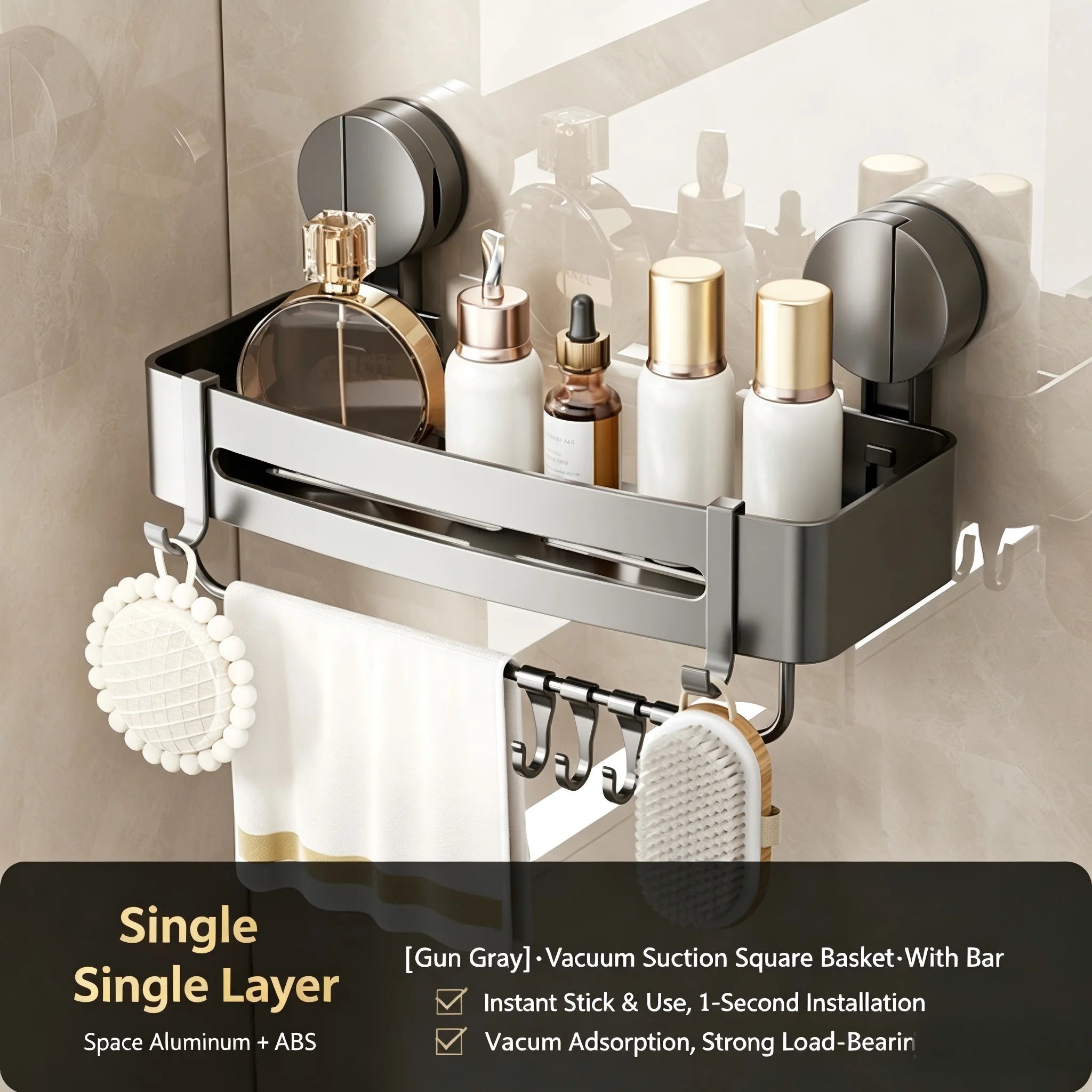 Suction Cup Shower Corner Shelf – Wall Mounted No-Drill Organizer for Shampoo Bottles, Bathroom Storage Rack
