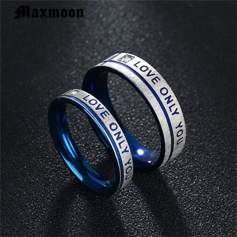 Maxmoon Couple Wedding Band Ring Stainless Steel CZ Stone Anniversary Engagement Promise Ring for Women Men