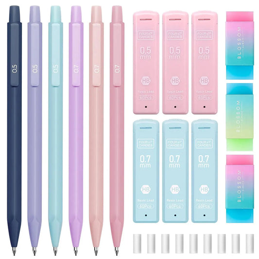 Cute Mechanical Pencil Set 6 Pastel Mechanical Pencils 0.5 0.7mm 120 HB Leads 3 Erasers 9 Eraser Refills Aesthetic School Supply