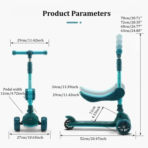 2-in-1 Scooters Kids 3 Wheel Kick Scooter for Boys Girls Adjustable Height & Seat Non-Slip Deck Sit or Stand Ride with Brake