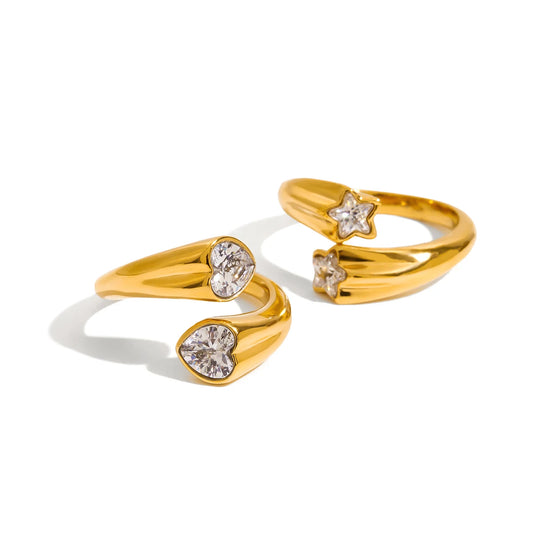 Youthway 18K Plated Heart Pentagram White Zircon Adjustable Open Ring Gold Color Stainless Steel Unisex Fashion Finger Jewelry