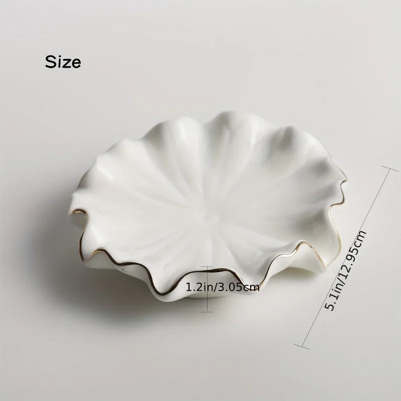 1pc Elegant White Ceramic Soap Dish with Golden Rim,Shell-Inspired Design, Round for Lotus Leaf Shape Holder