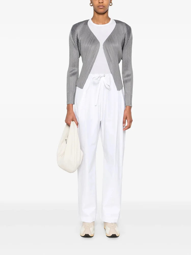 ISSEY Jacket Japan  Women's Basic Slim-Fit Solid Color Pleated Short Cardigan Lightweight Outerwear
