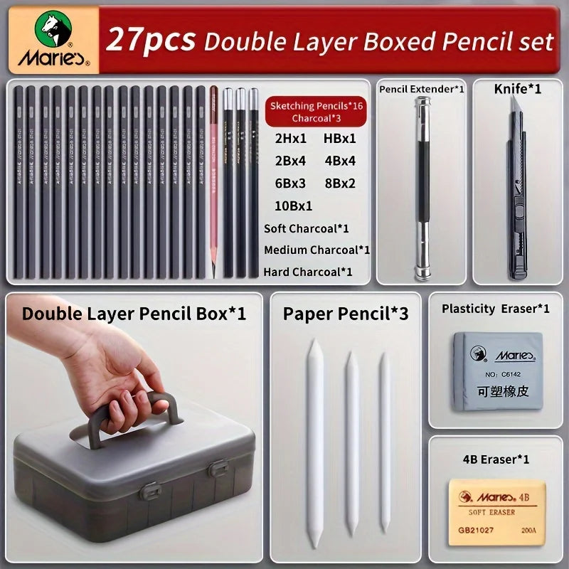 Marie's Pencil Set with Double Layer Box with Charcoal Graphite,Pencils,Erasers,Knife, for Painting,Writing for Adults(23/27pcs)