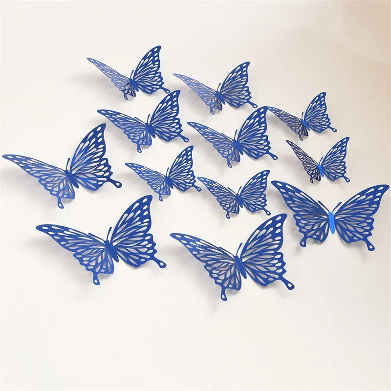 12Pcs Butterfly Decoration Wall Stickers Black Red Pink Blue Hollow 3D Butterflies Kids Room Home Cake Wedding Party Decoration