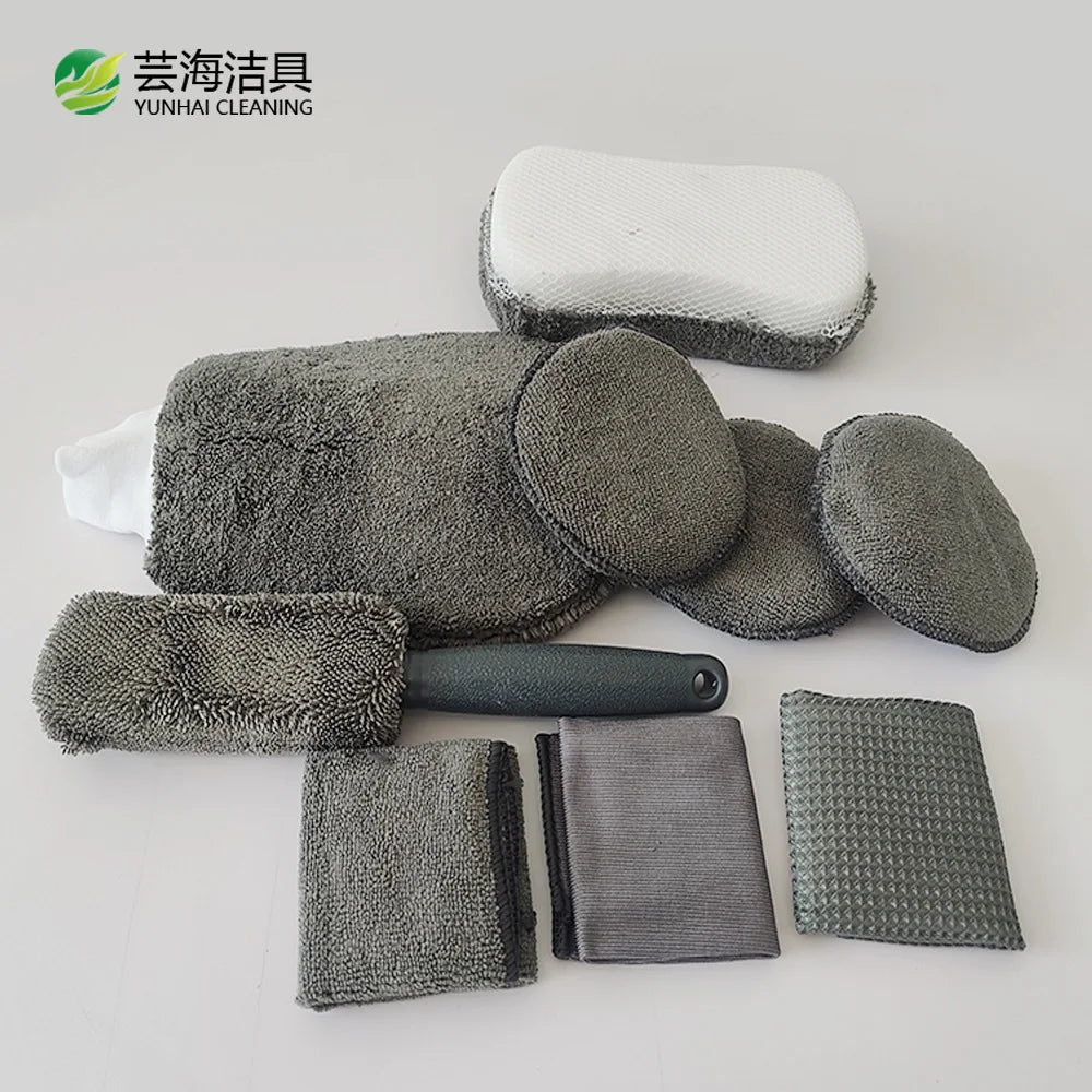 Car Wash 9-piece Set, Car Towel Home Car Beauty Cleaning Gloves Towel Rag Waxing Sponge Wheel Hub Brush