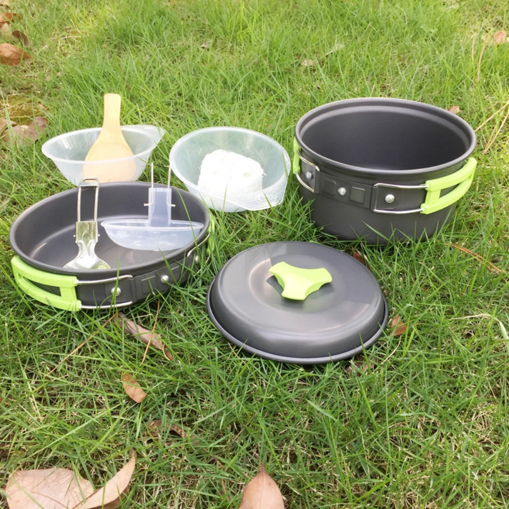 1.8L outdoor lightweight aluminum alloy mini cooking kit with non stick pot nested storage and portable design, easy to carry