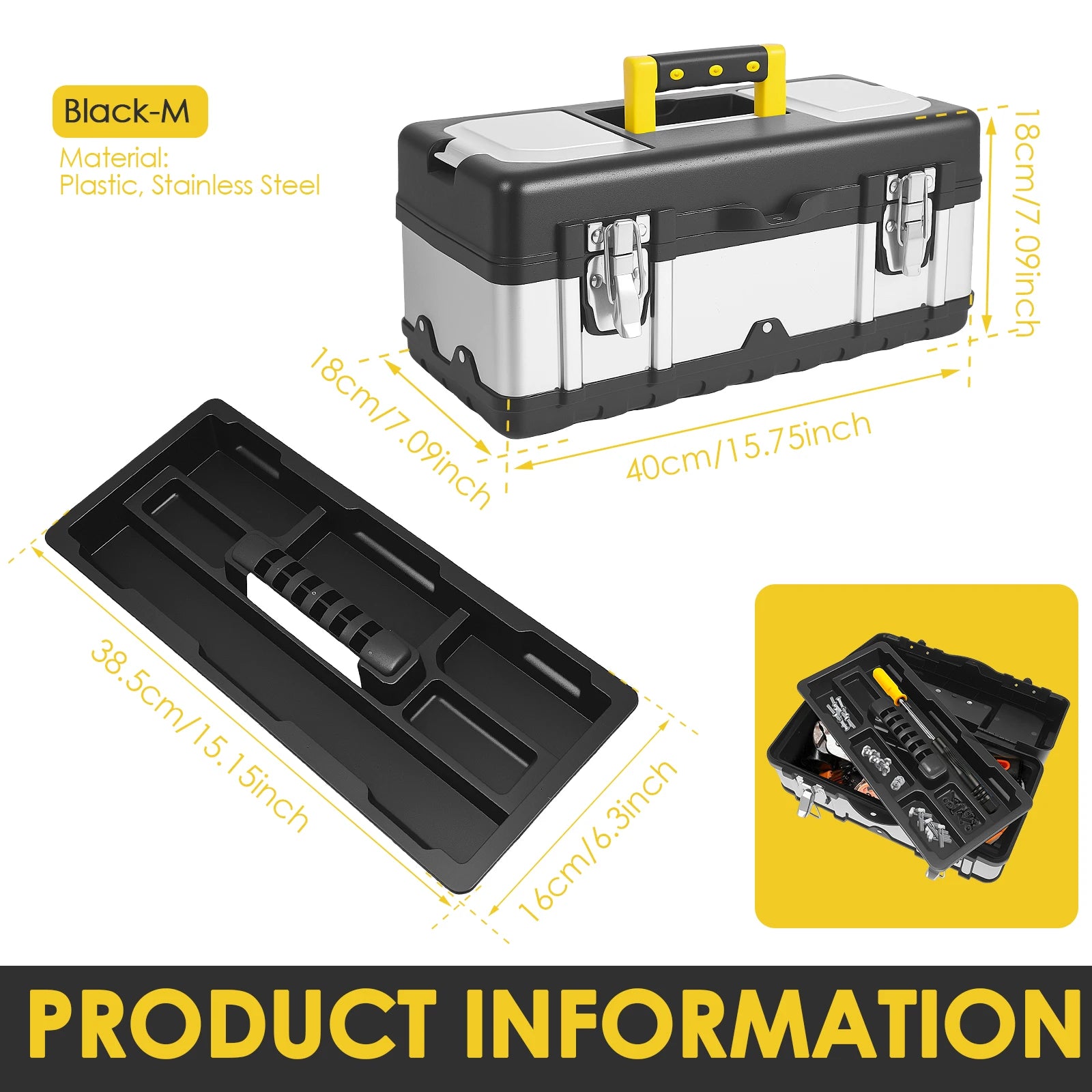 Tool box Stainless Steel Toolbox Suitcase Empty Large Tool Case with Removable Tray Hardware Tool Storage Box Portable Tool Box