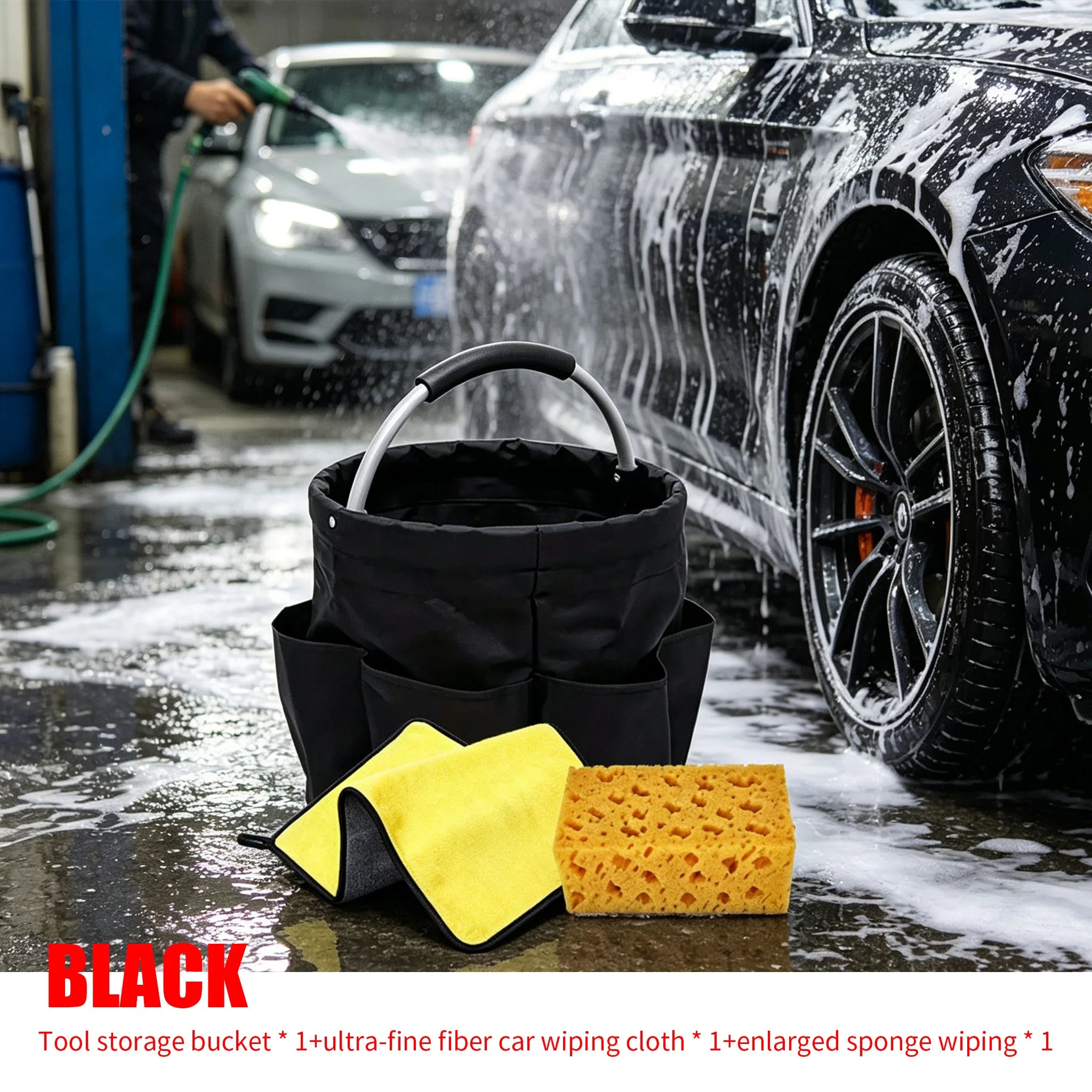 1Set Car Wash Kit: Foldable Tool Bucket, Thick Sponge Wipe, Microfiber Absorbent Towel, Household Auto Cleaning Accessory