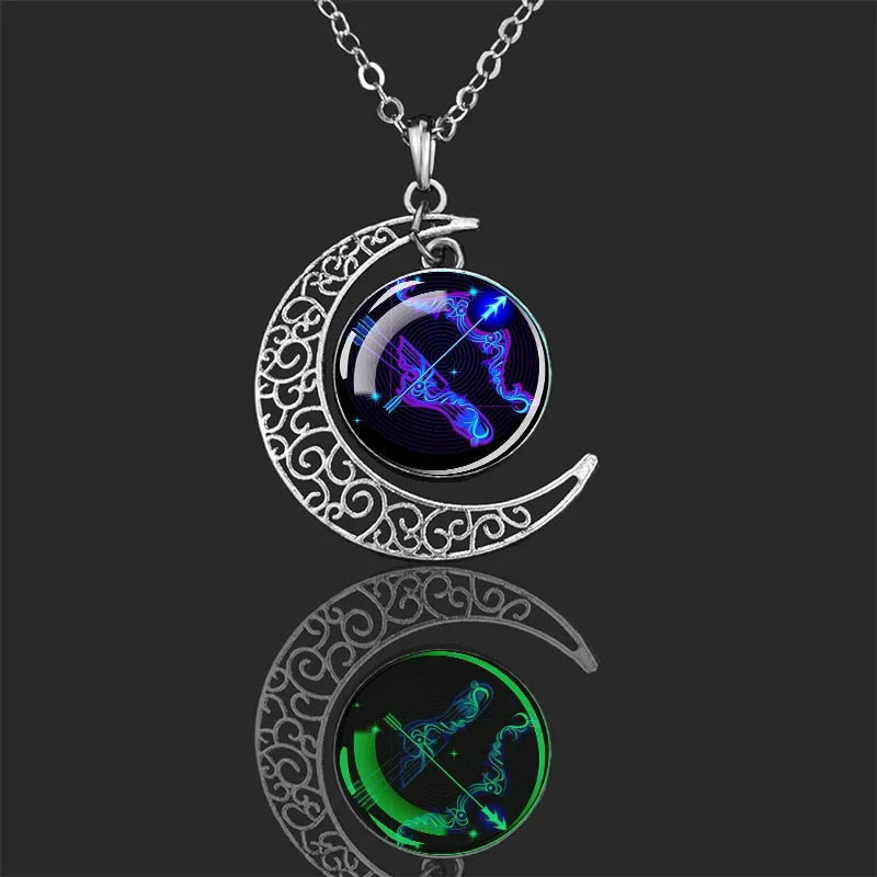 Luminous 12 Constellations Zodiac Signs Necklaces Crescent Moon Pendant Chains Necklace for Women and Men Birthday Jewelry Gifts