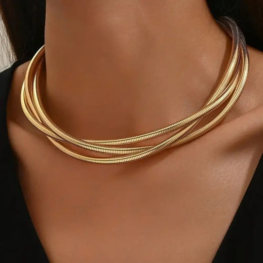 New Punk Style Gold Color Multilayer Wrap Necklace for Women Fashion Simple Design, Trendy Holiday Party Jewelry Accessories