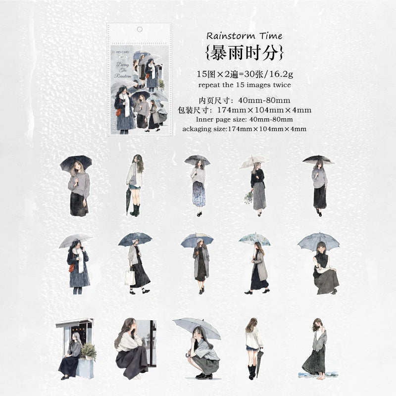 30 Sheets Girl Holding Umbrella in Rain Sticker Pack DIY Handmade Album Scrapbooking Decor Paper Supplies