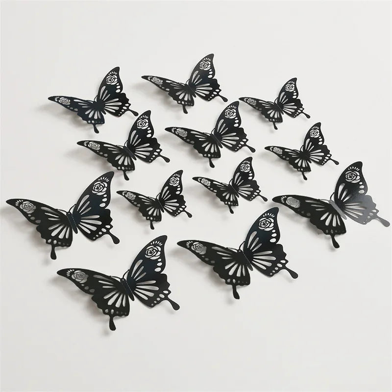 12Pcs Butterfly Decoration Wall Stickers Black Red Pink Blue Hollow 3D Butterflies Kids Room Home Cake Wedding Party Decoration