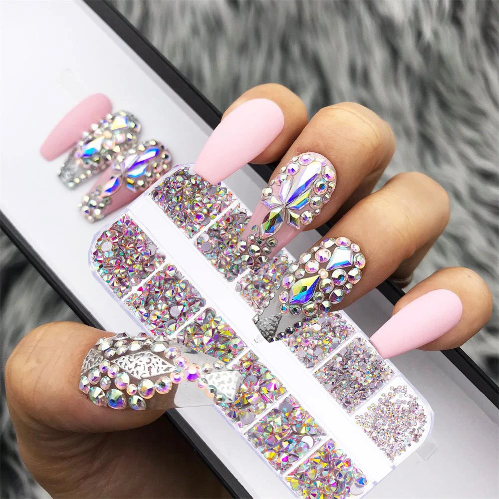 Nail Art Rhinestones Kit 2400pcs Nail Gems Ab Flatback Rhinestones Gems Stones with Storage Organizer for Design Bright Holiday