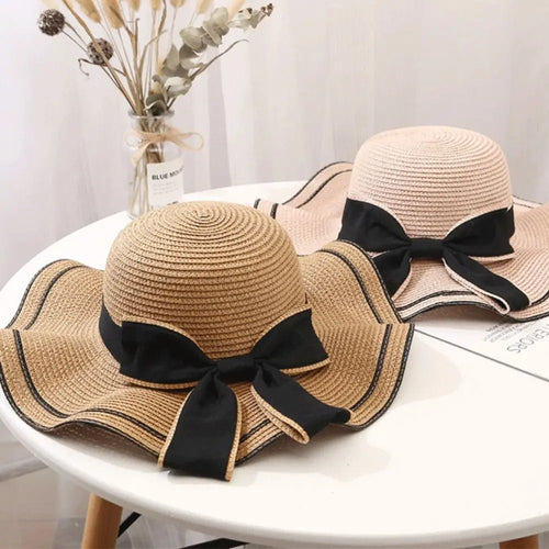 2024 Summer Hats For Women Sun Hat Beach Ladies Fashion Flat Bowknot Panama Lady Casual Sun Hats For Women Straw Hat