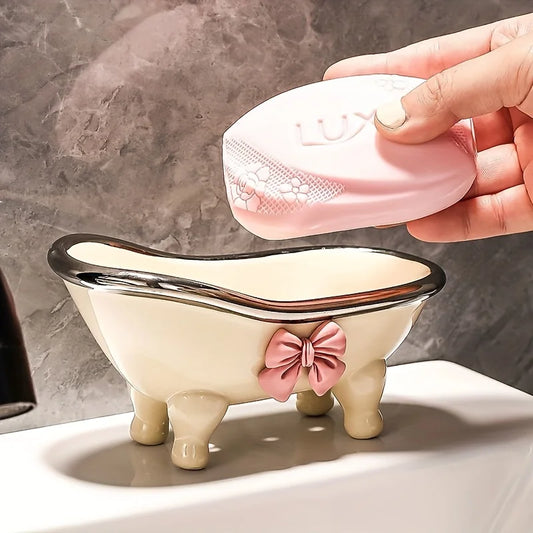 1pc Mini Bathtub-Shaped Soap Dish Charming Bathroom Accessory with Decorative Pink Bow