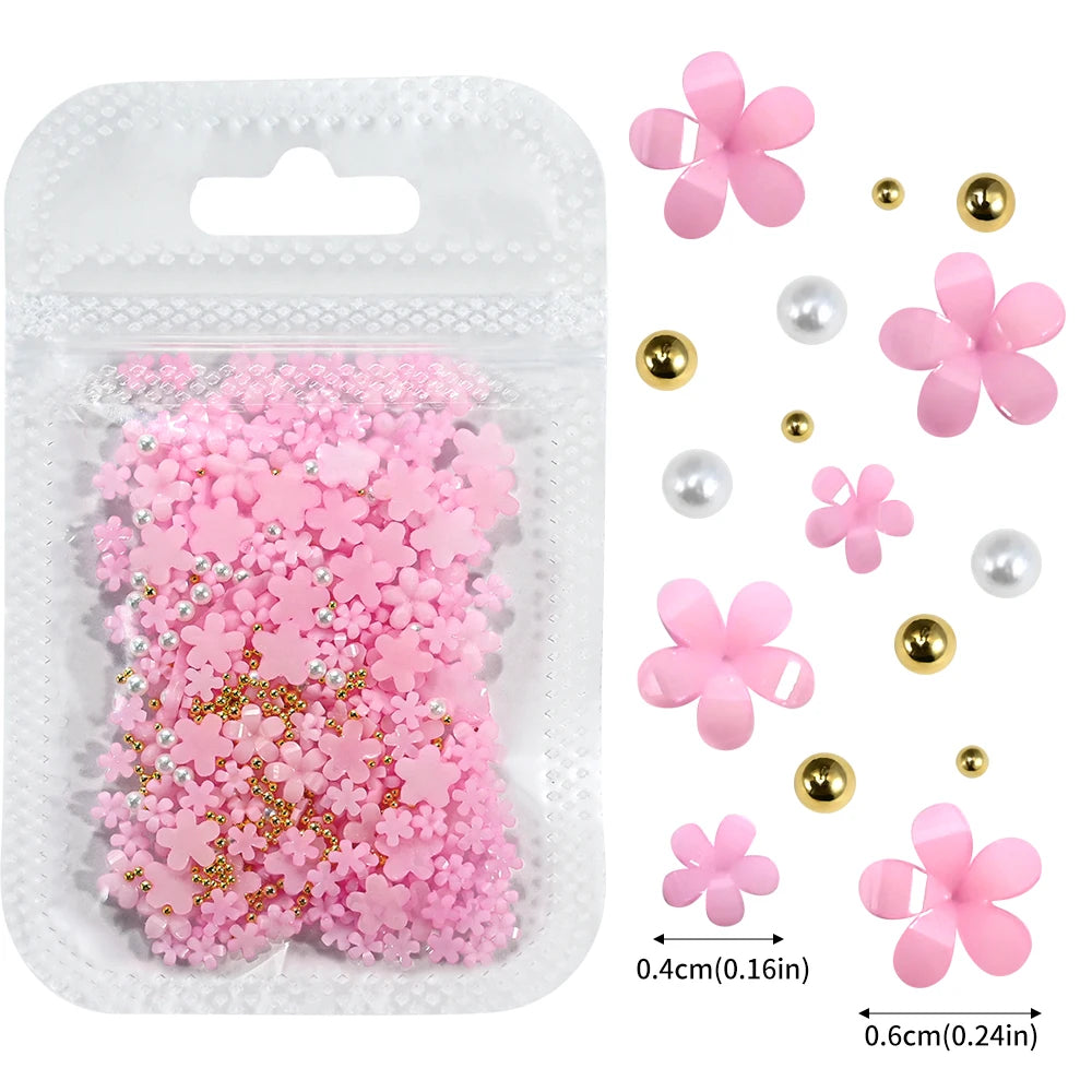 1box 3D Flower Bow Nail Art Decorations Kit Pink/White Acrylic Floral/Peal Beads Nail Charm with Wax Pen/Tweezer 4/6mm Nail Part