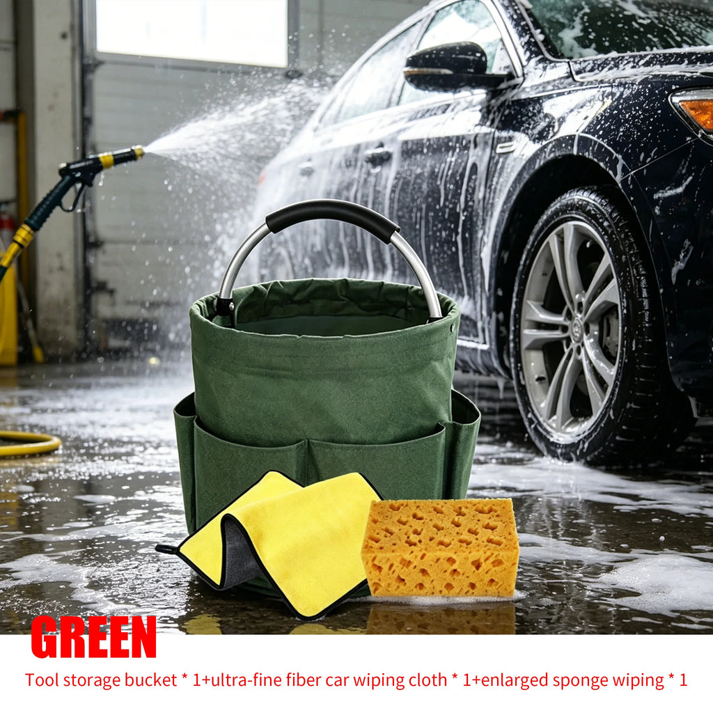 1Set Car Wash Kit: Foldable Tool Bucket, Thick Sponge Wipe, Microfiber Absorbent Towel, Household Auto Cleaning Accessory
