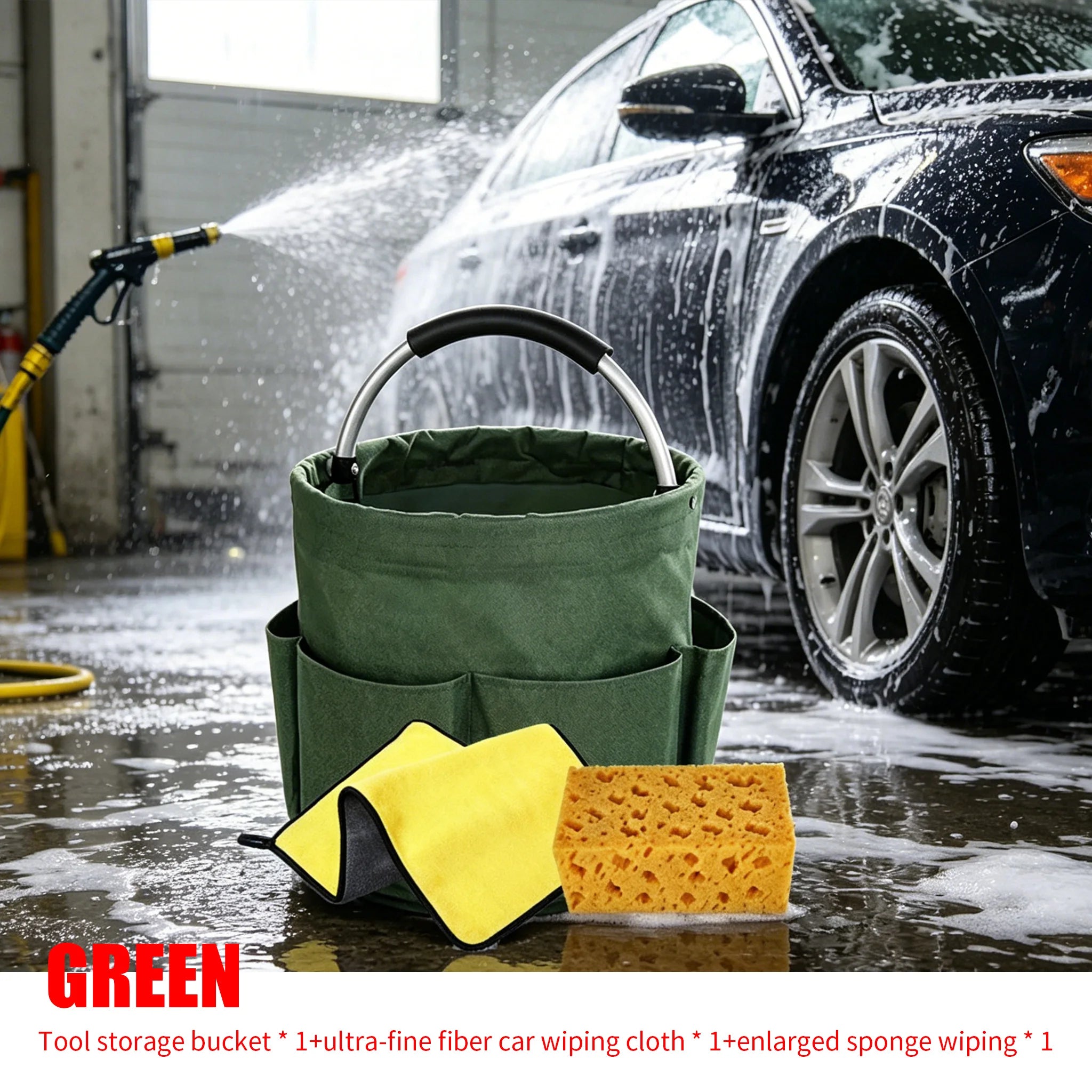 1Set Car Wash Kit: Foldable Tool Bucket, Thick Sponge Wipe, Microfiber Absorbent Towel, Household Auto Cleaning Accessory