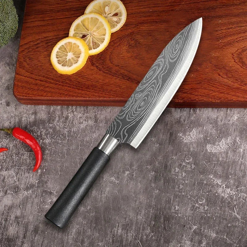 Utility Stainless Steel Sharp Slicing Chef Knife Kitchen Knives Scissors Sharpening Rod Set Laser Damascus Pattern Cooking Tool