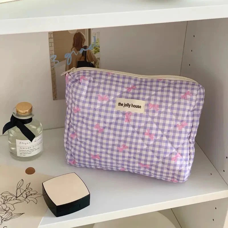 3 Type Quilting Cosmetic Bag Ladies Large Capacity Travel Organizer Washbag Cute Bow Knot Pattern Make Up Zipper Storage Bag