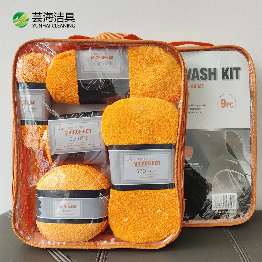 Car Wash 9-piece Set, Car Towel Home Car Beauty Cleaning Gloves Towel Rag Waxing Sponge Wheel Hub Brush