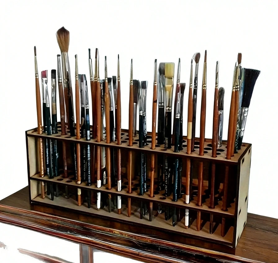 Premium Wooden Brush Holder 67-Slot Double-layer Durable Artist Desk Organizer for Pencil Paint Brushes Storage Art Craft