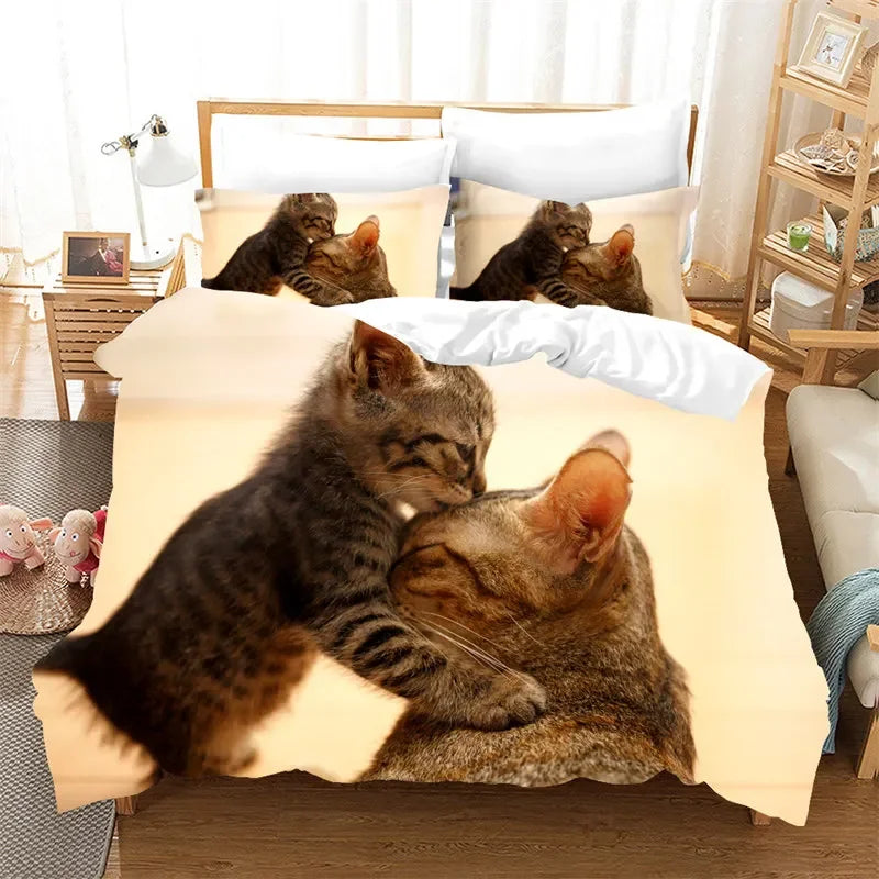3D Cute Cat Print Bedding Set Lovely Animal Duvet Cover Microfiber Pet Quilt Cover With Pillowcases Twin Full For Kid Teen Girls