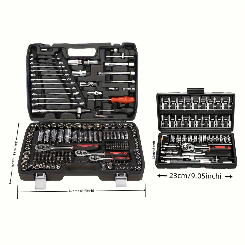 216/46 sets of mechanical tool sets, including 1/2", 1/4" and 3/8" drive SAE and metric sizes, ratchet wrench, multi-function sc