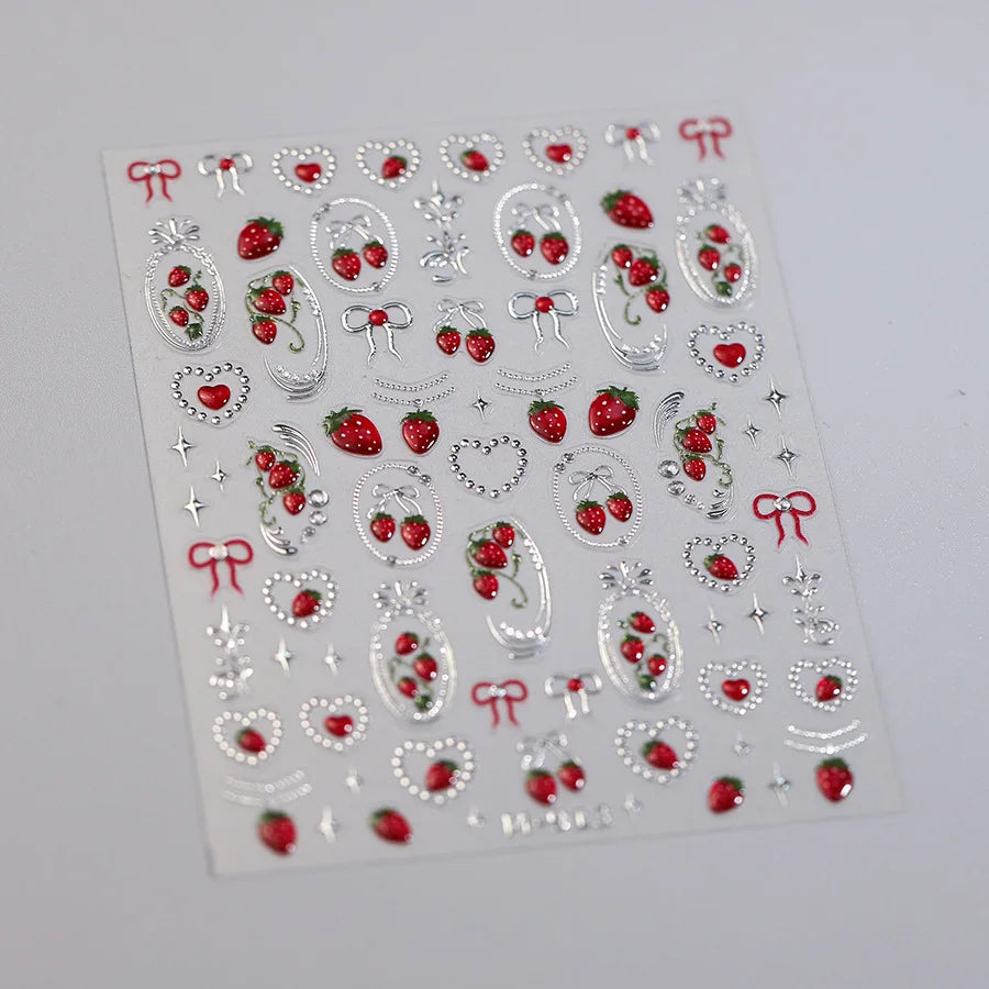 Fresh Sweet Fruits Strawberry Cherry Bowknot Love Heart Lemon 5D Nail Art Stickers Self Adhesive Decorations Nail Manicure Decal