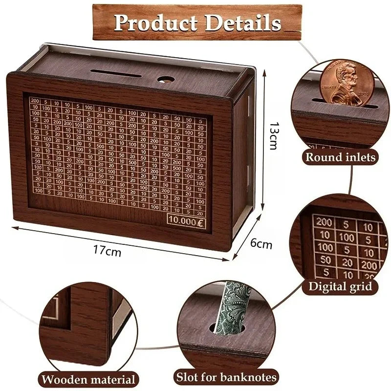 Euro Saving Money Box Piggy Bank Cash Wooden Savings Challenge Box with Money Target Numbers Tirelire Alcancia Spaarpot