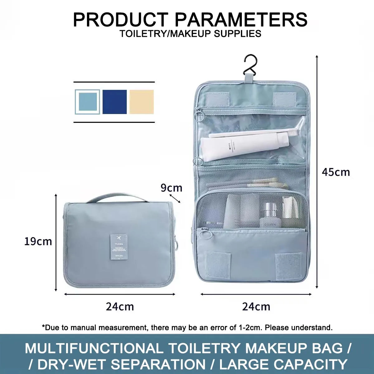 Premium Waterproof Travel Makeup Bag for Women – Hanging Toiletry Organizer with Hook, Spacious Bathroom Wash Pouch & Dry-Wet Se