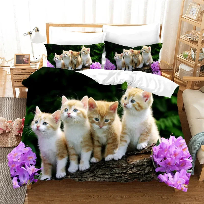 3D Cute Cat Print Bedding Set Lovely Animal Duvet Cover Microfiber Pet Quilt Cover With Pillowcases Twin Full For Kid Teen Girls