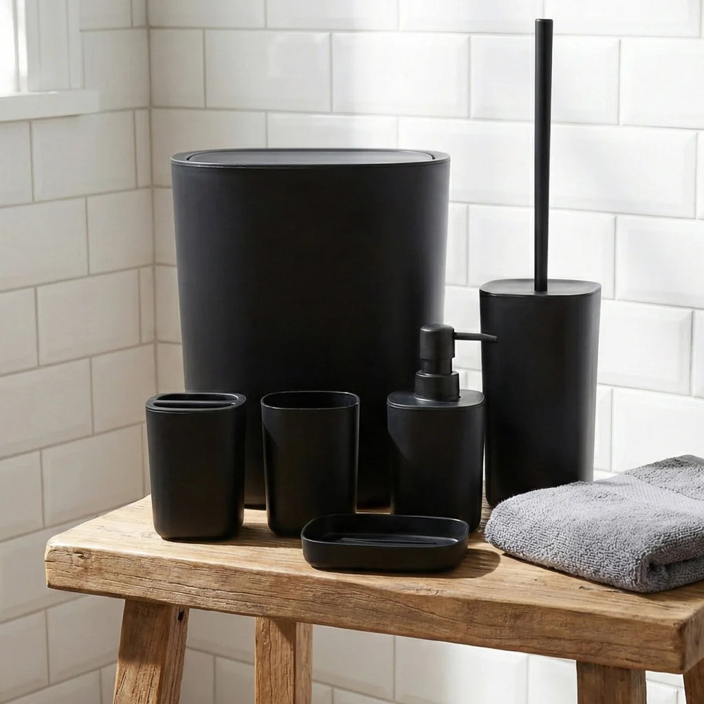 6pcs Bathroom Accessories Set, Bathroom Vanity Sets with Toilet Brush, Trash Can, Tumbler, Soap Dish, Toothbrush Holder