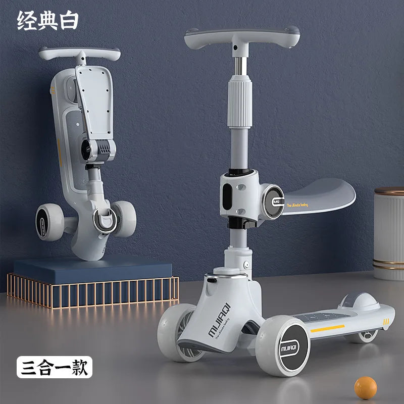 Scooter for children aged 1-3 to 12 years old, three in one for boys, girls, and babies. Can be seated or ridden