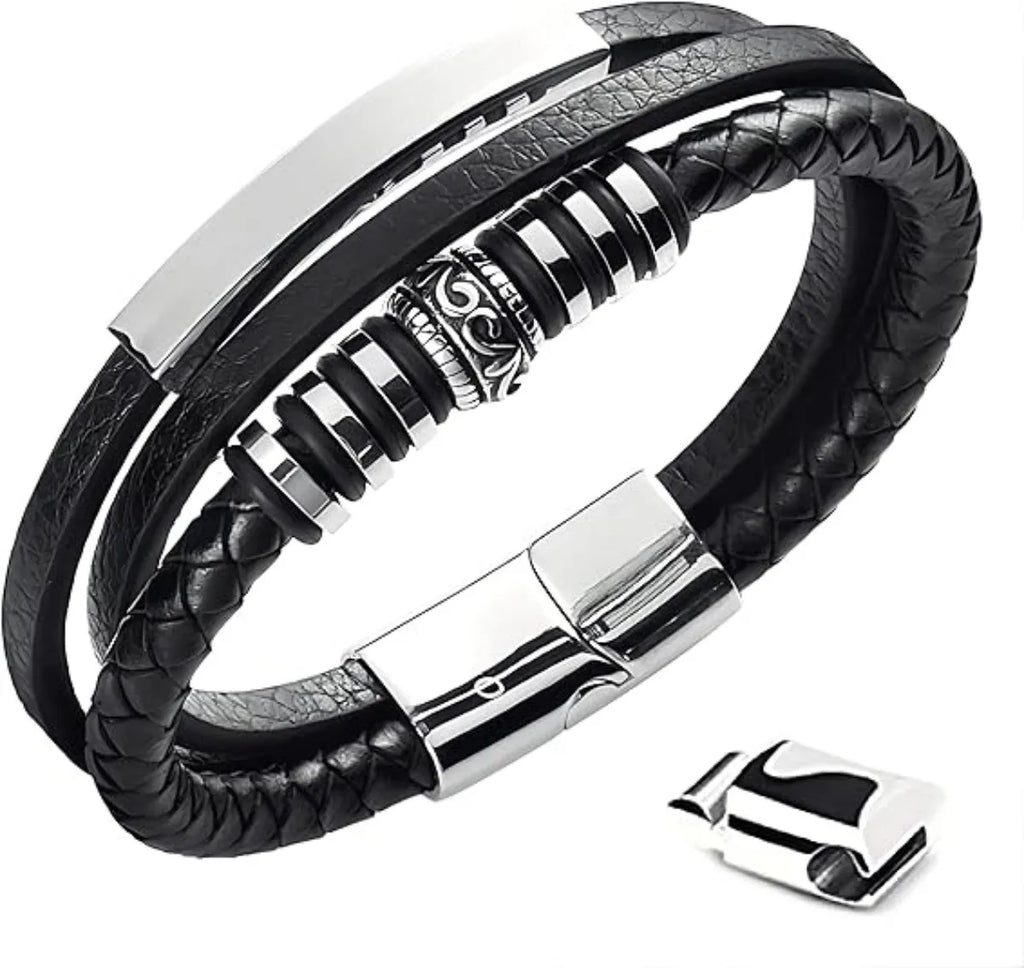 Trendy Leather Bracelets For Men Stainless Steel Bracelet 21CM Multilayer Braided Rope Bracelets for Male Jewelry Gifts
