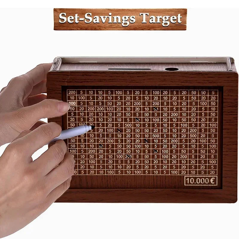 Euro Saving Money Box Piggy Bank Cash Wooden Savings Challenge Box with Money Target Numbers Tirelire Alcancia Spaarpot