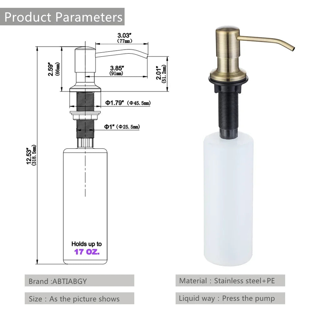 Liquid Soap Dispensers Stainless Steel Pump Head with 500ML PE Bottle Build in Dispenser Soap for Kitchen Accessories