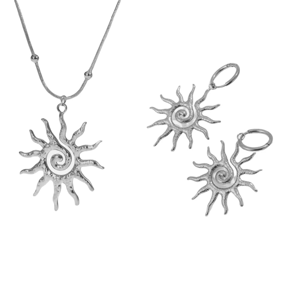 Fashion Vintage Chic Sun Shaped Pendant Necklace Stainless Steel Earrings Y2K Choker Golden Ring Jewlery Accessories Party Gifts