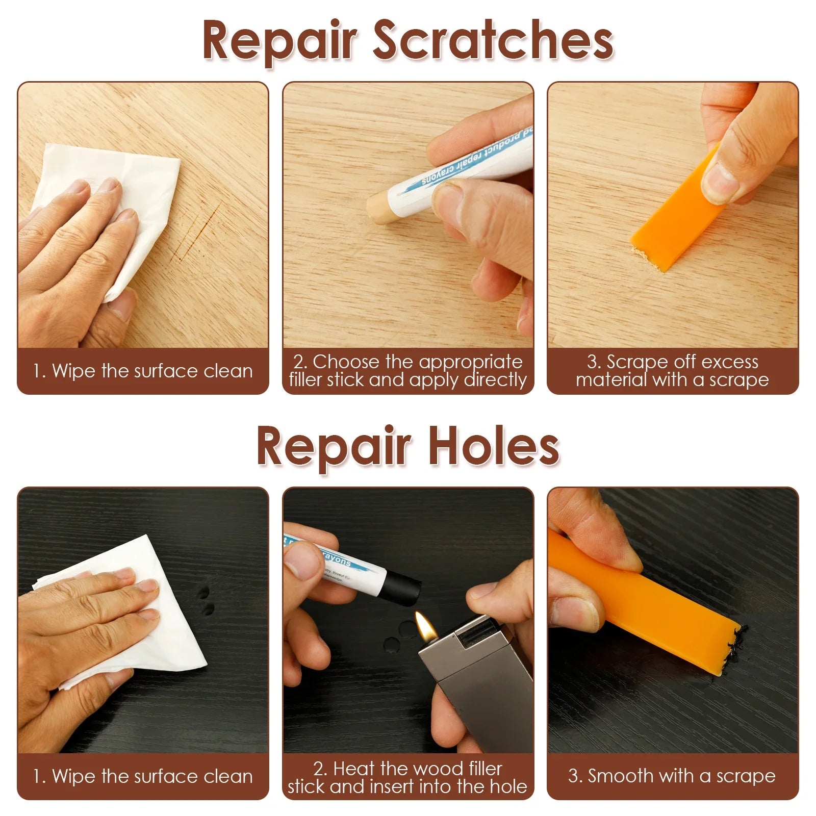 20 Colors Furniture Filler Sticks for Furniture Touch-ups and Repairs Wood Crayon Markers for Remover Scratches Holes Laminate