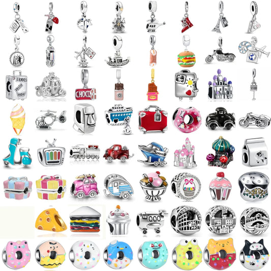 Hot Sale 925 Silver Plane Passport Donut Speedboat Motorbike TV Charm Bead Diy Fit Original Pandent Charms Bracelet Jewelry