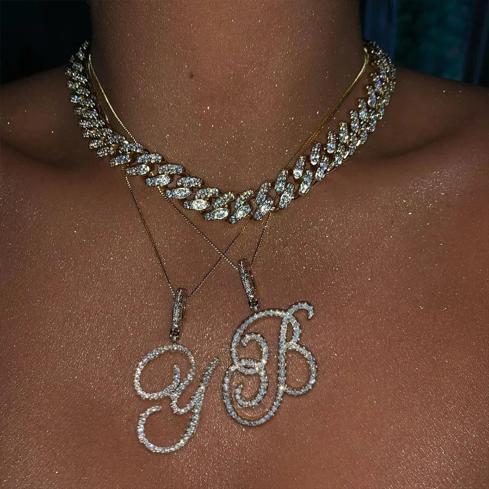 Fashion 26 Cursive Initial Letter Zircon Pendant Necklace For Women Shiny Crystal Alphabet Rope Chain Necklace Hip Hop Jewelry