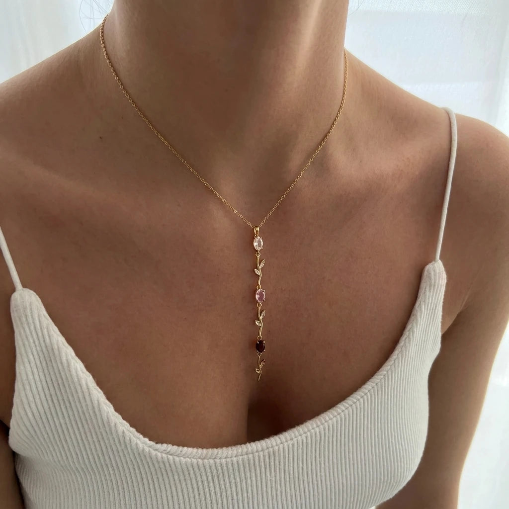 Minimalist Gold Color Tone Vine Lariat Necklace for Women Multicolor Crystal Long Pendant Chain Daily Party Gift Accessories