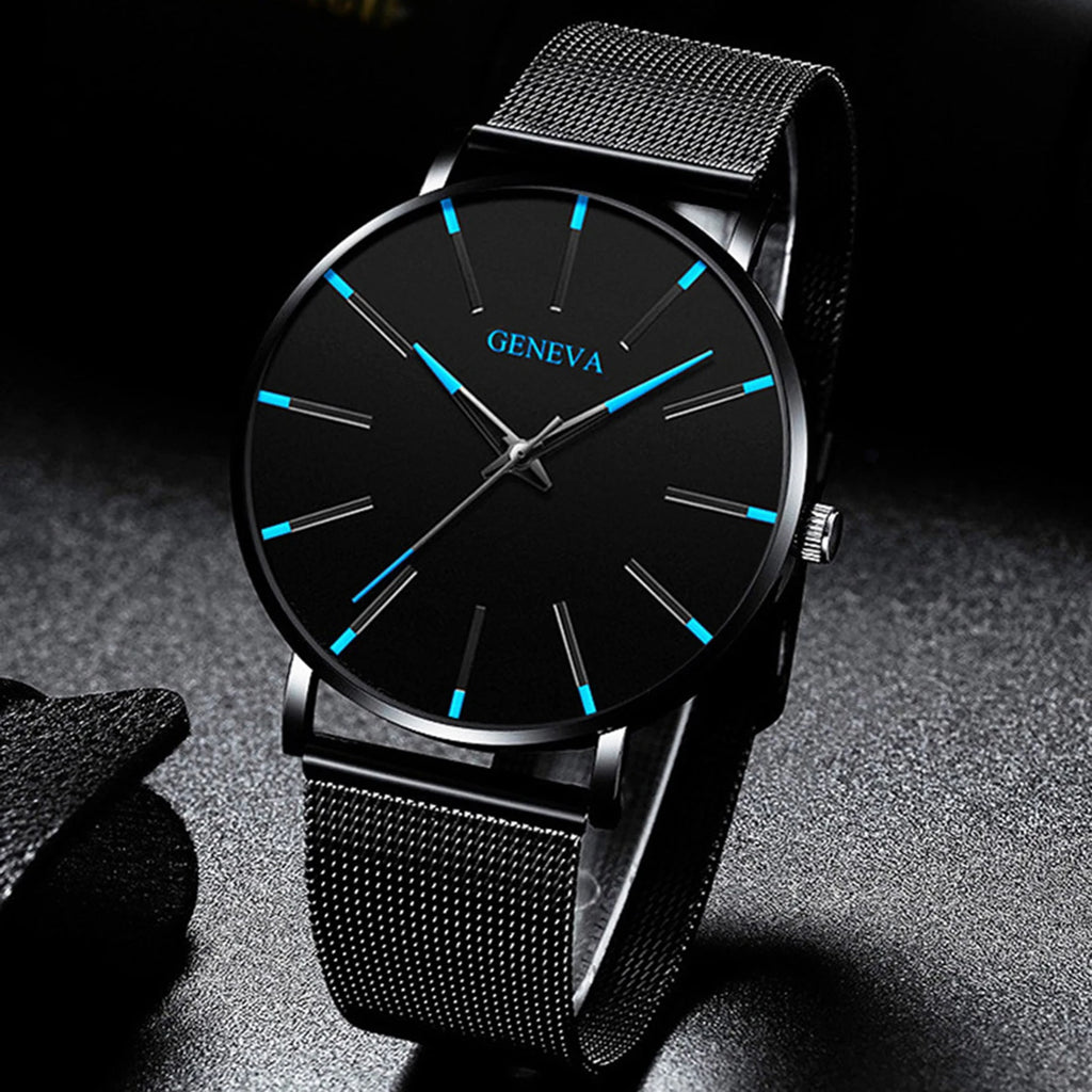 Minimalist Geneva Watch for Men Large Round Dial Mesh Strap Water Resistant Business Casual Quartz Wristwatch